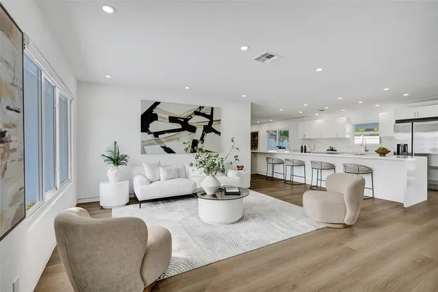 a living room with furniture and a potted plant
