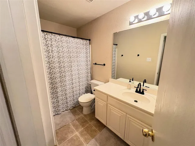 a bathroom with a sink a toilet and shower curtain