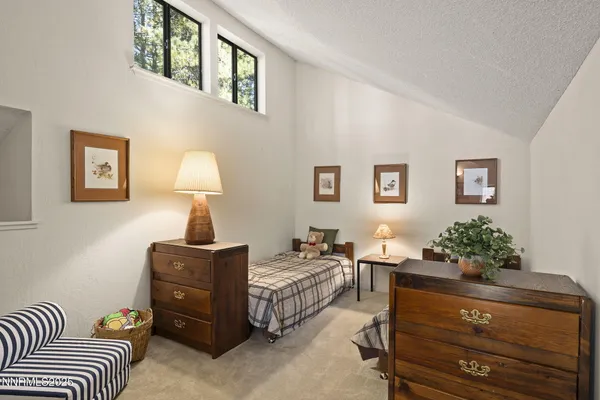 a living room with furniture and a potted plant on a dresser