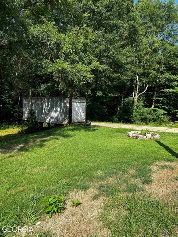 a view of a park with large trees