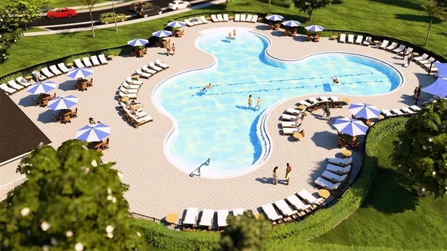 an aerial view of a swimming pool