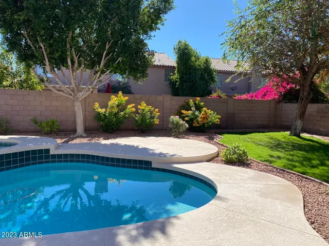 a view of a swimming pool with a yard
