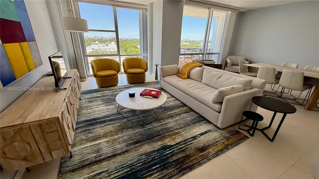 a living room with furniture and a floor to ceiling window