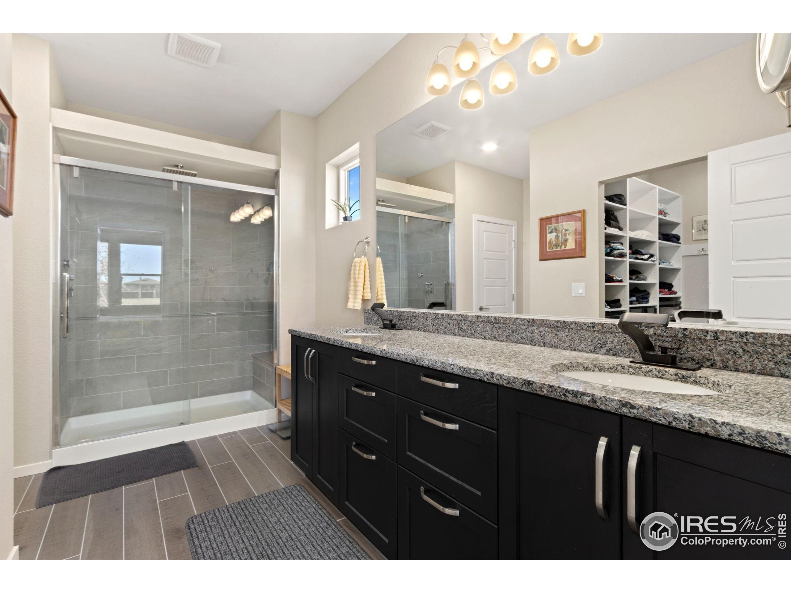 6808 Castello Street Timnath, CO 80547 - Photo 12 of 22 a bathroom with a granite countertop sink a large mirror and shower