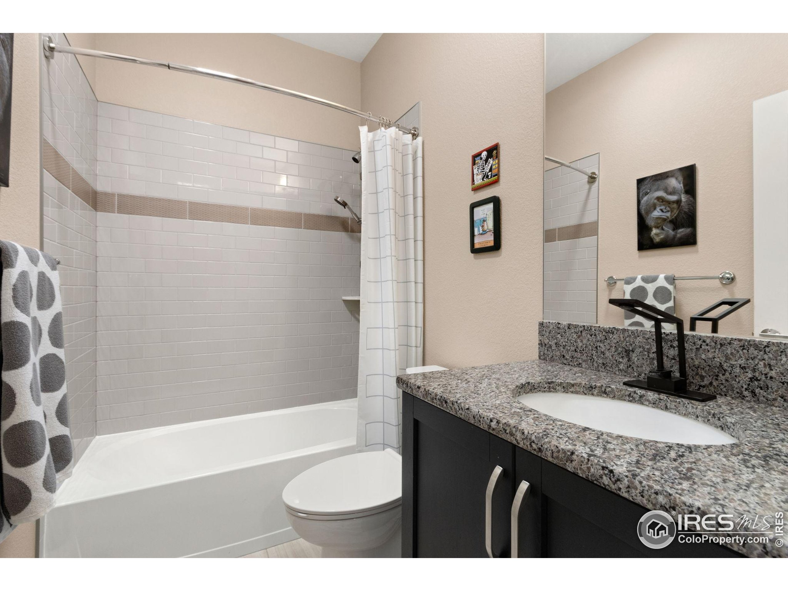 6808 Castello Street Timnath, CO 80547 - Photo 4 of 22 a bathroom with a granite countertop sink a mirror a bathtub and shower