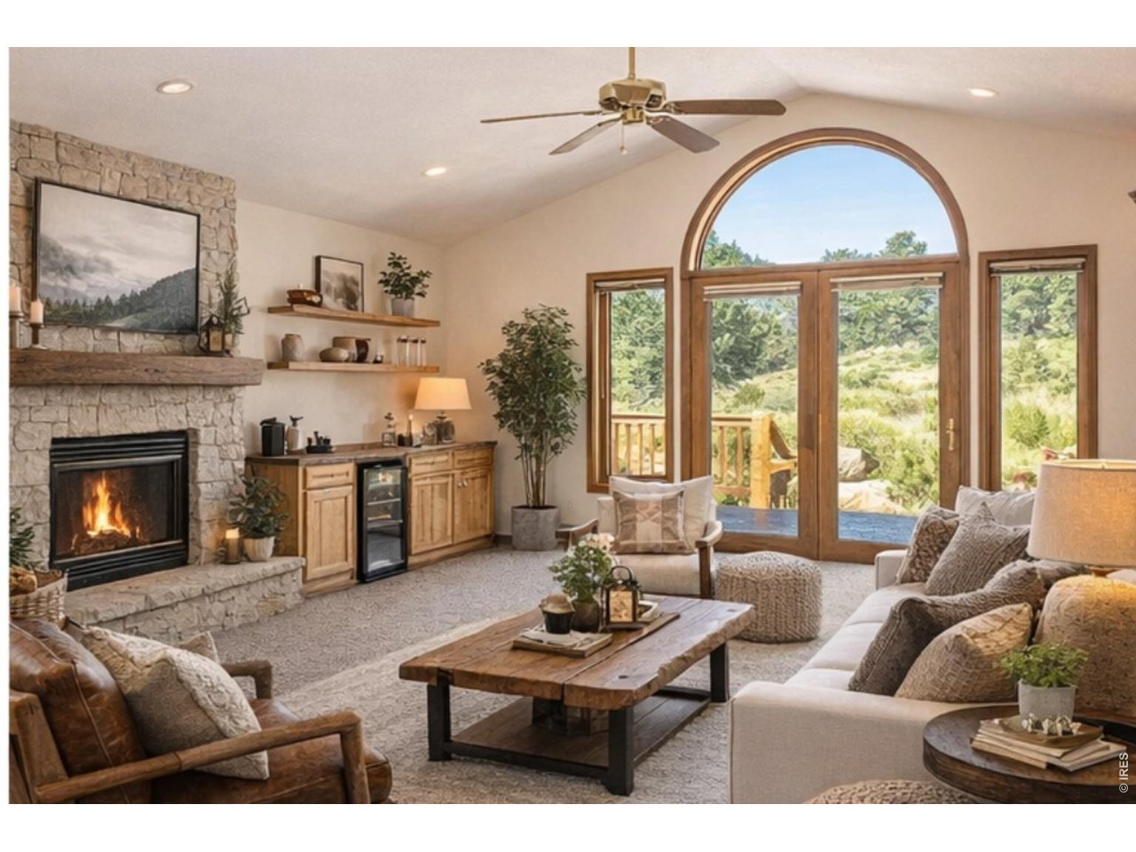 683 Cedar Ridge Circle Estes Park, CO 80517 - Photo 6 of 39 a living room with furniture a fireplace and a large window