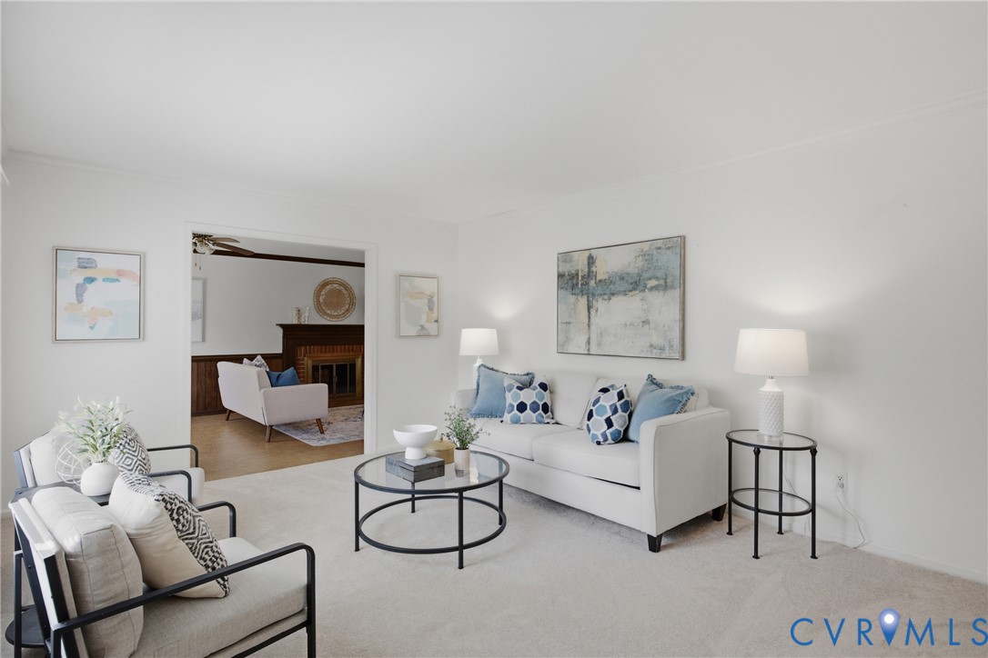 9832 Alfaree Road Richmond, VA 23237 - Photo 6 of 35 Living area featuring a fireplace, ceiling fan, an