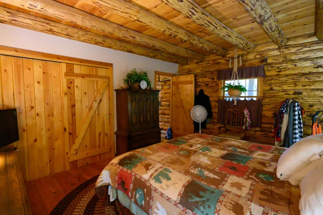 a bedroom with a bed and a closet