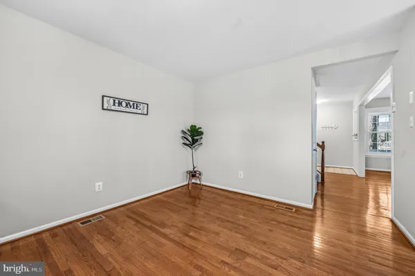 a view of a room with wooden floor and a potted plant