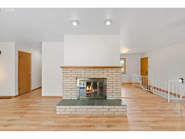 a view of living room with furniture and a fireplace