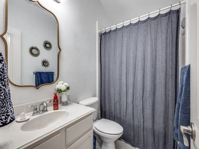 a bathroom with a sink a toilet and shower curtain
