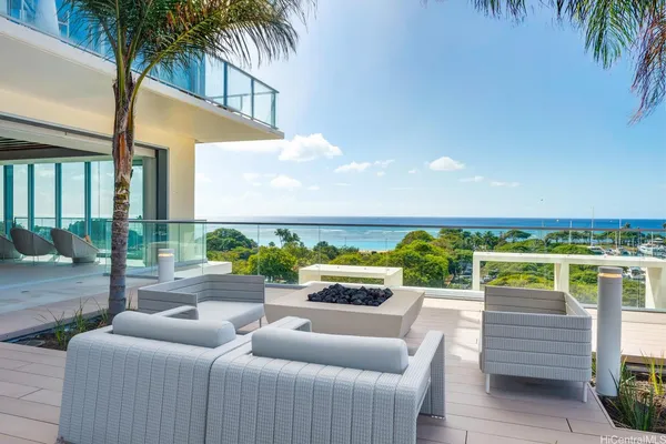 swimming outdoor view with a sitting space