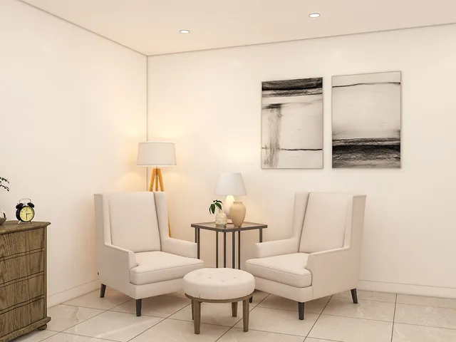 a living room with furniture and a lamp