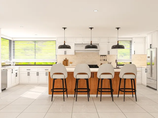 a kitchen with a sink and chairs