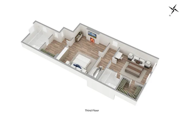 a balcony with furniture and a potted plant