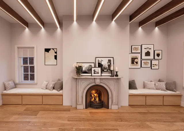 a close view of a fireplace and workspace