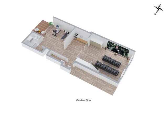 a view of a porch with wooden floor