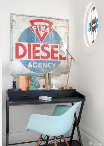 a view of a dining room with furniture