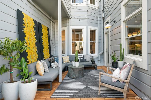 a building outdoor space with patio couch