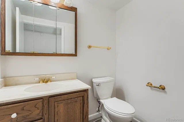 a bathroom with a sink a toilet and mirror