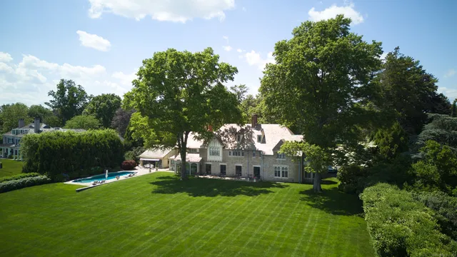 a view of a house with a big yard potted plants and large tree