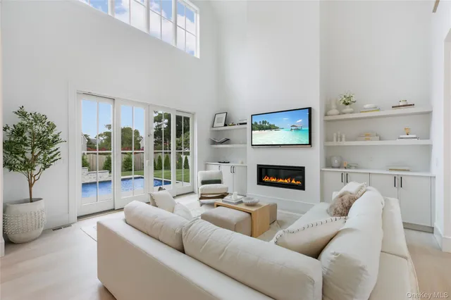 a living room with furniture a fireplace and a potted plant