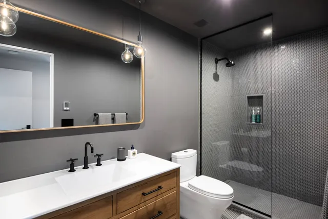 a bathroom with a sink a toilet a mirror and shower