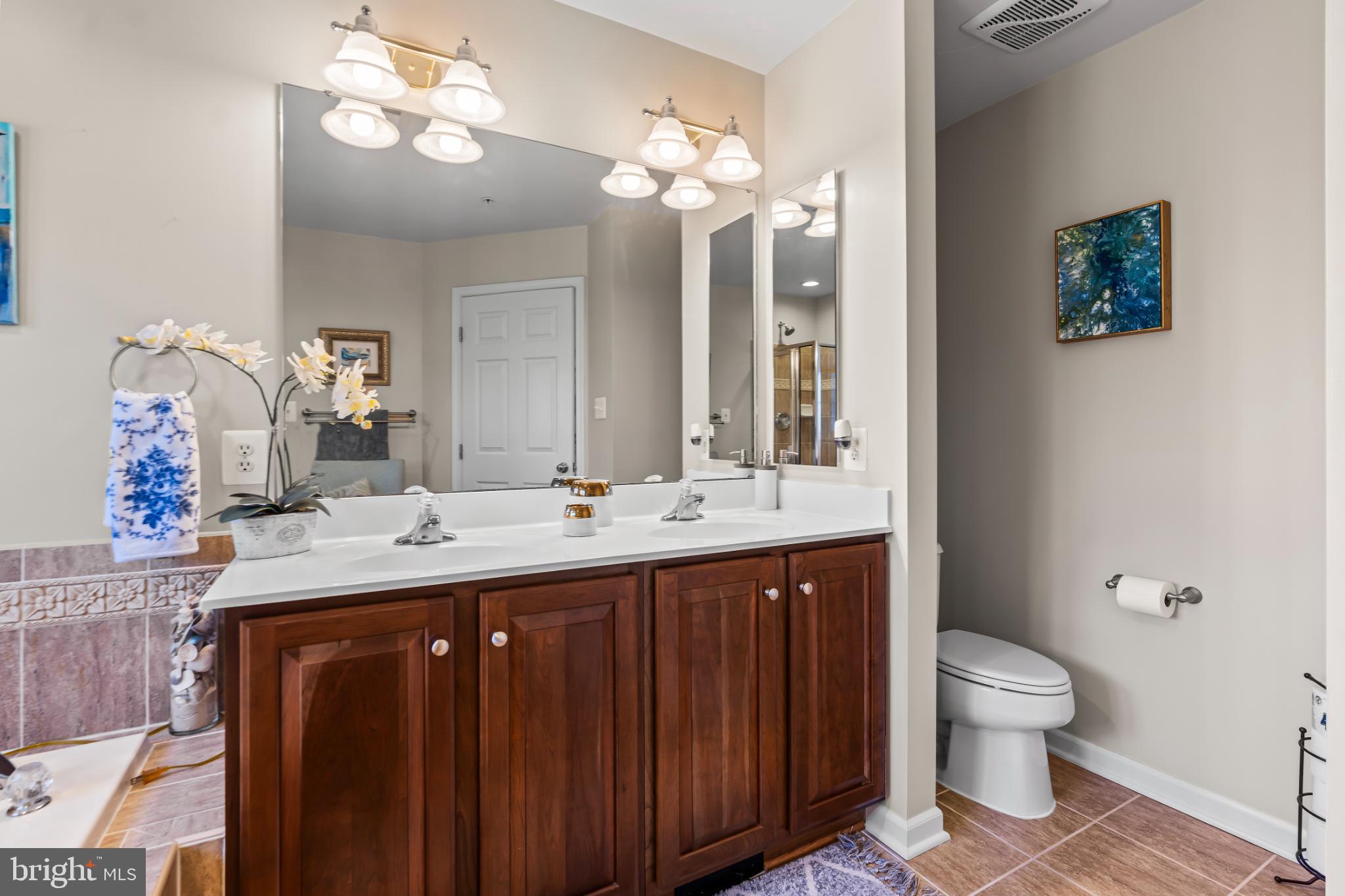 17656 Potter Bell Way Hagerstown, MD 21740 - Photo 21 of 35 a bathroom with a granite countertop sink a toilet and a mirror