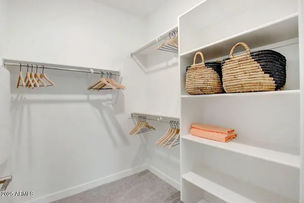 a view of walk in closet with clothes and shoes