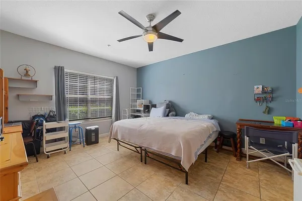 a bedroom with a bed and a desk