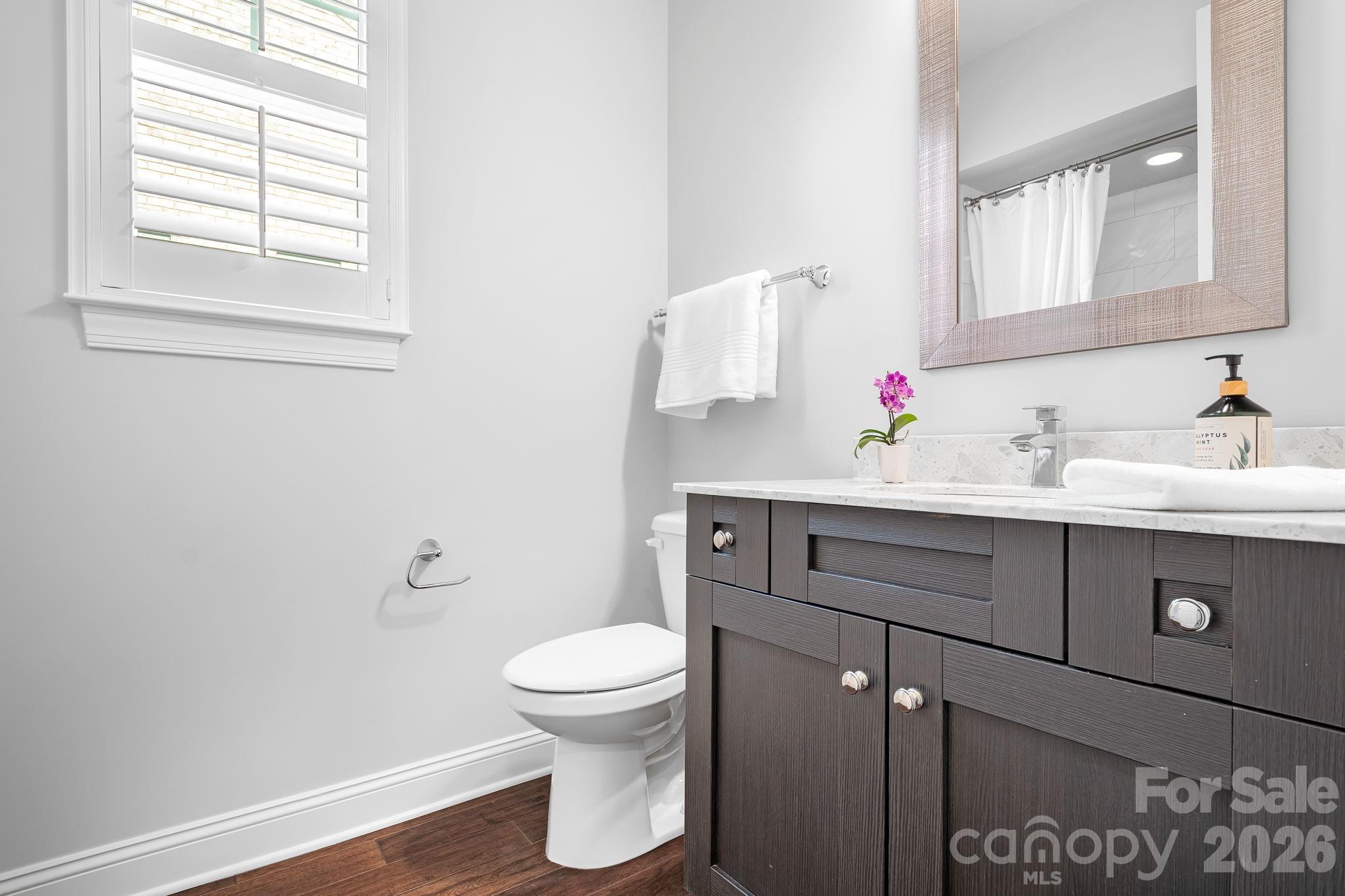 9121 Robbins Preserve Road Cornelius, NC 28031 - Photo 16 of 47 a bathroom with a sink vanity and a toilet