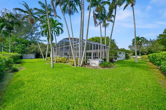 a view of a garden with palm trees