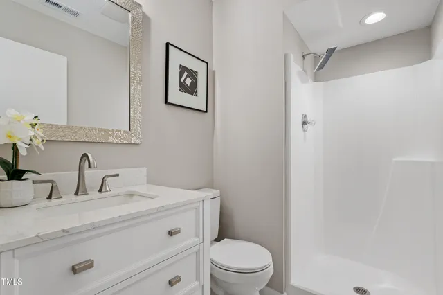 a bathroom with a toilet a sink a mirror a vanity and shower