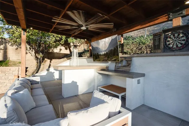 a living room with a couch and a table