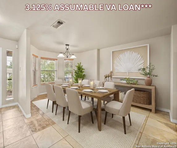 a view of a dining room with furniture window and outside view