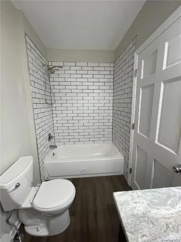 a bathroom with a bathtub and a toilet