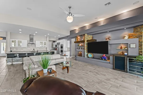 a workspace with furniture and a window