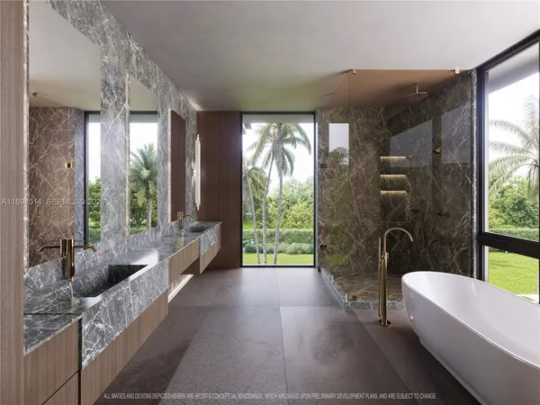 a bathroom with a bathtub and a large window