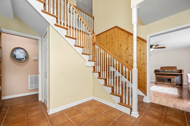 a view of a bathroom with dual sinks