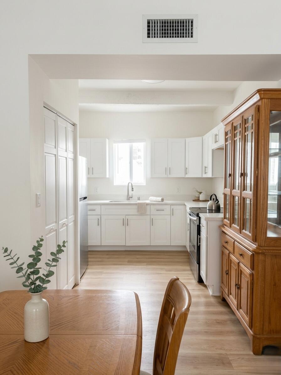 817 Tyler Street, Unit 2 Hollywood, FL 33019 - Photo 3 of 9 a kitchen with stainless steel appliances granite countertop a refrigerator a stove a sink dishwasher and white cabinets with wooden floor
