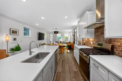 a kitchen with lots of counter top space