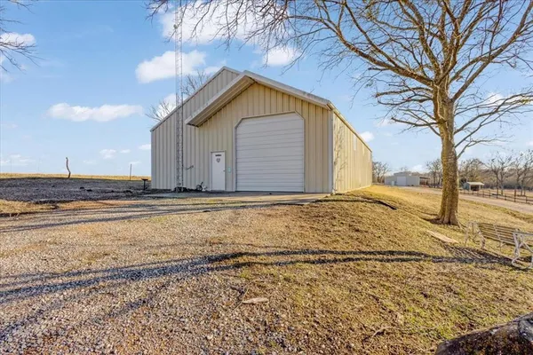 a view of a garage with storage
