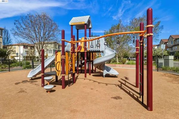 a view of a park with large trees