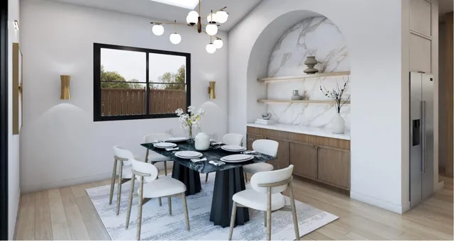 a dining room with furniture and window