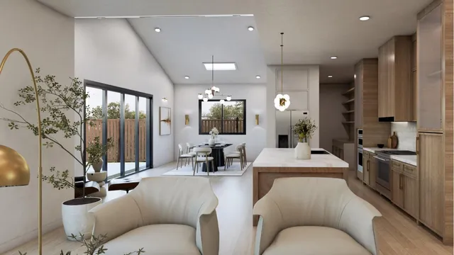 a living room with furniture a large window and stainless steel appliances