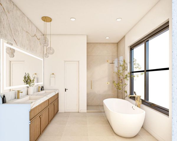 a bathroom with a double vanity sink mirror and bathtub