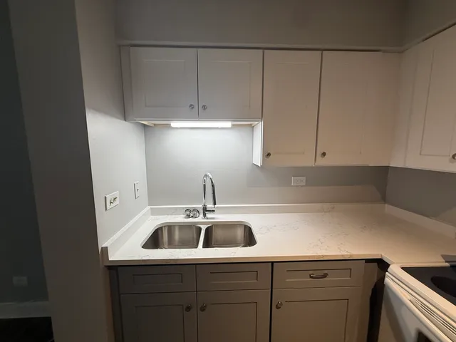 a kitchen with a sink and cabinets