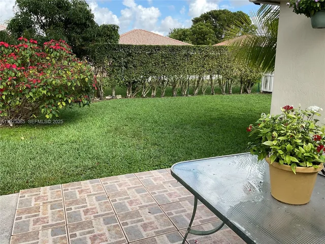 a view of a garden with a chair and a potted plant
