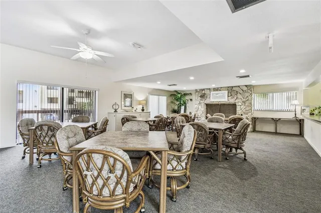 a view of a dining room with furniture