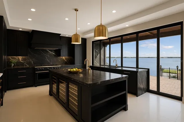 a view of a lake with a city skyline in the background